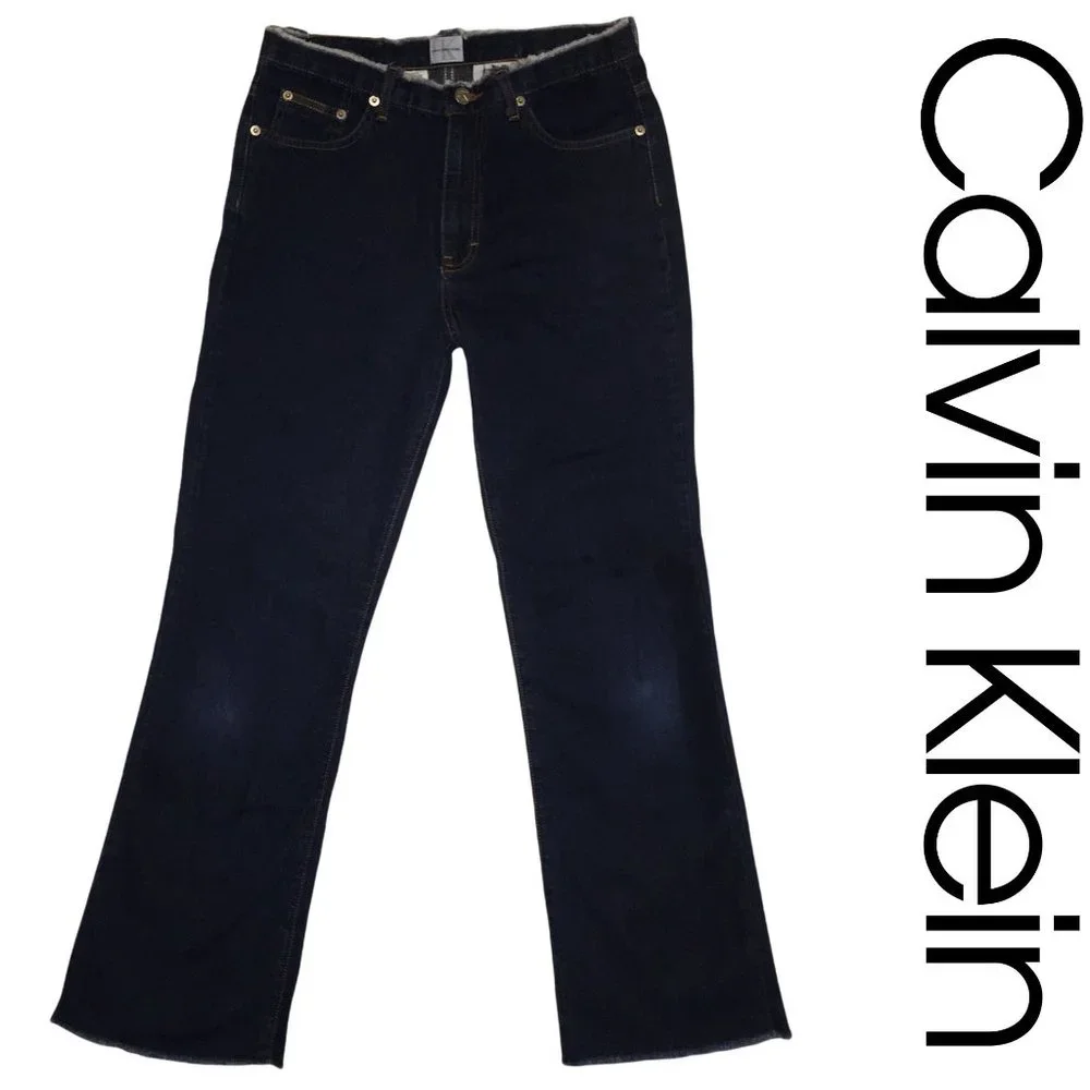 Highrise Flare Jeans, Distressed Denim, Frayed Waist/Hem, Dark Calvin Klein Sz 7 - Picture 2 of 13